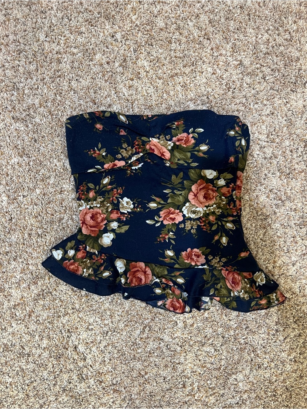 Strapless Floral Peplum Crop Top - Navy with Rose Print